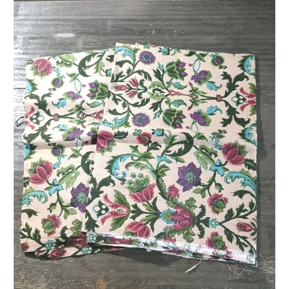 Mid Century MCM Floral Bark Cloth Purple Blue Green  2 Pieces 37 x 46 & 37 x 48